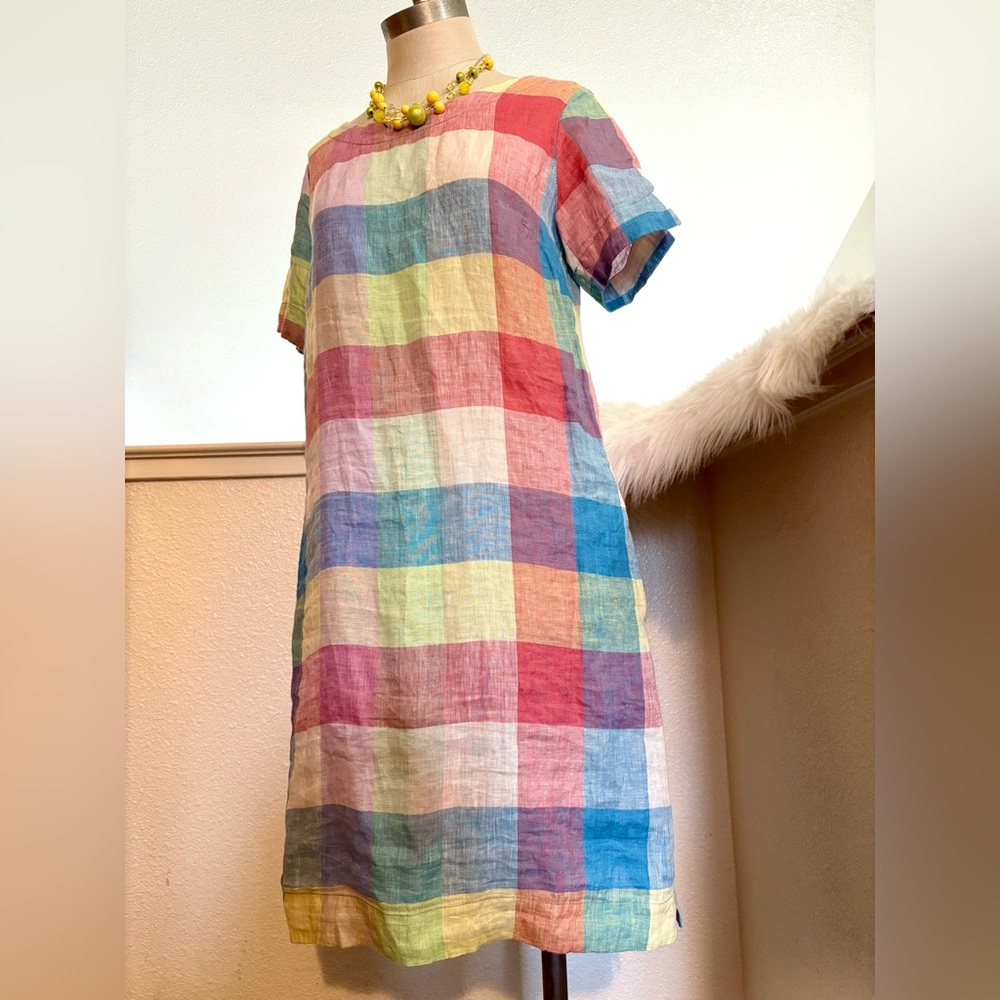 EUC 4 FOIL Trendy Colorful Plaid Check Linen Dress Pockets